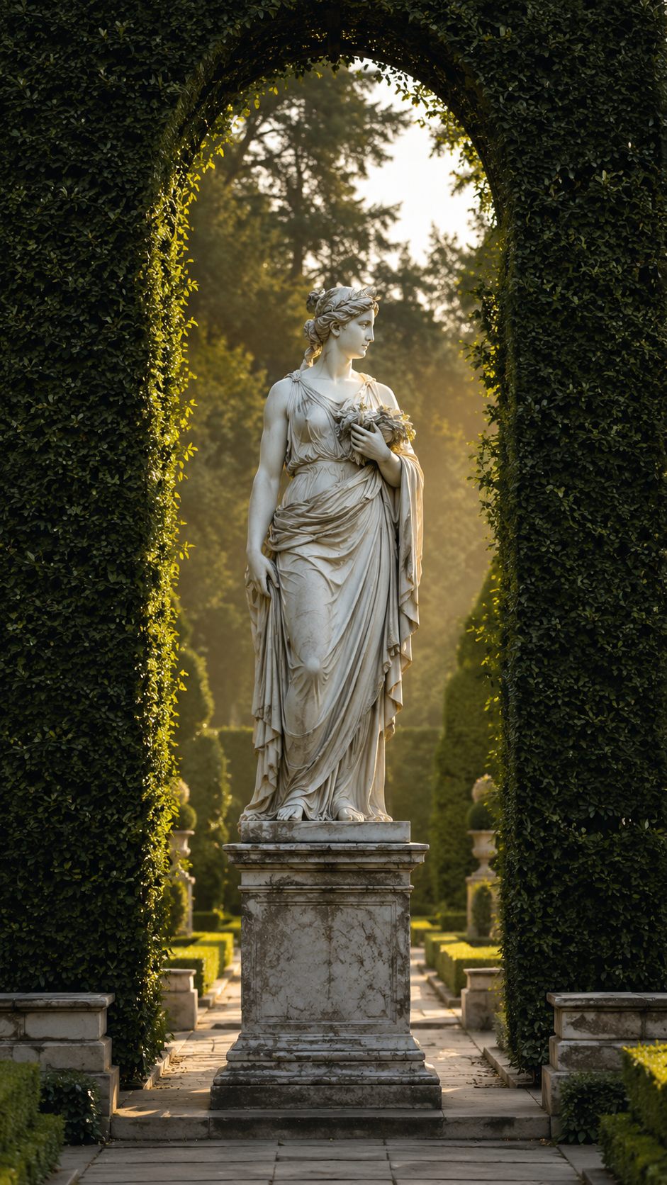 Marble statue in a garden archway