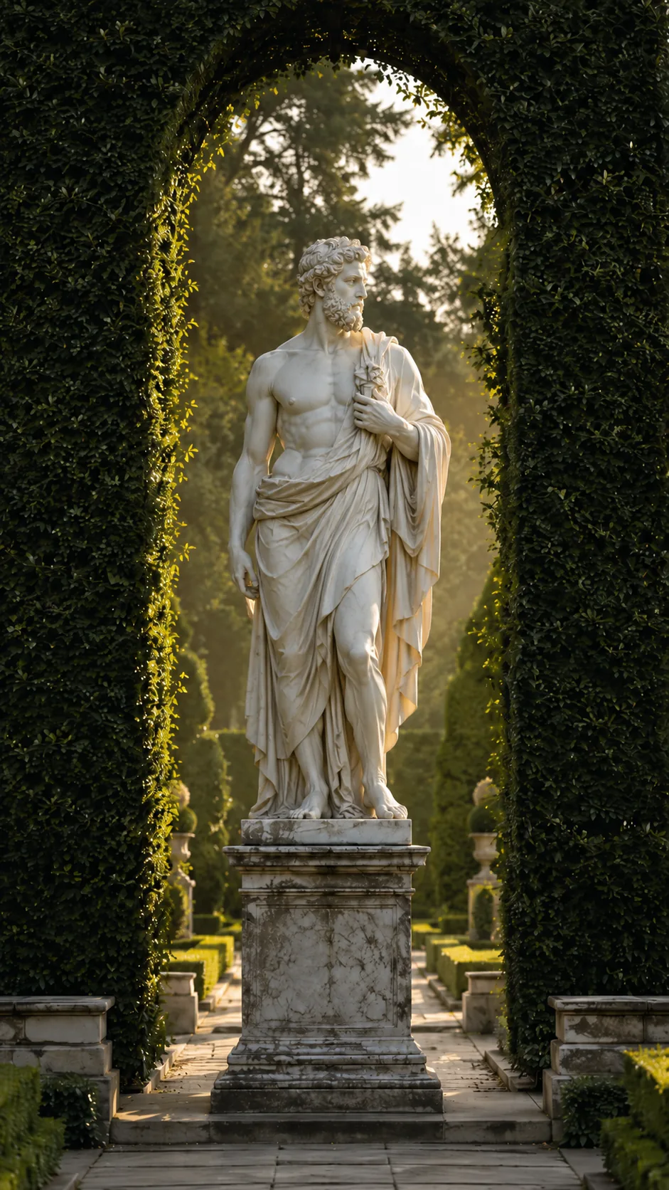 Classical physician statue in a sunlit garden arch